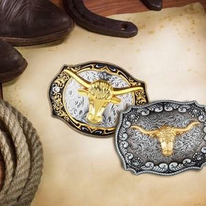 Two western bull longhorn steer belt buckles